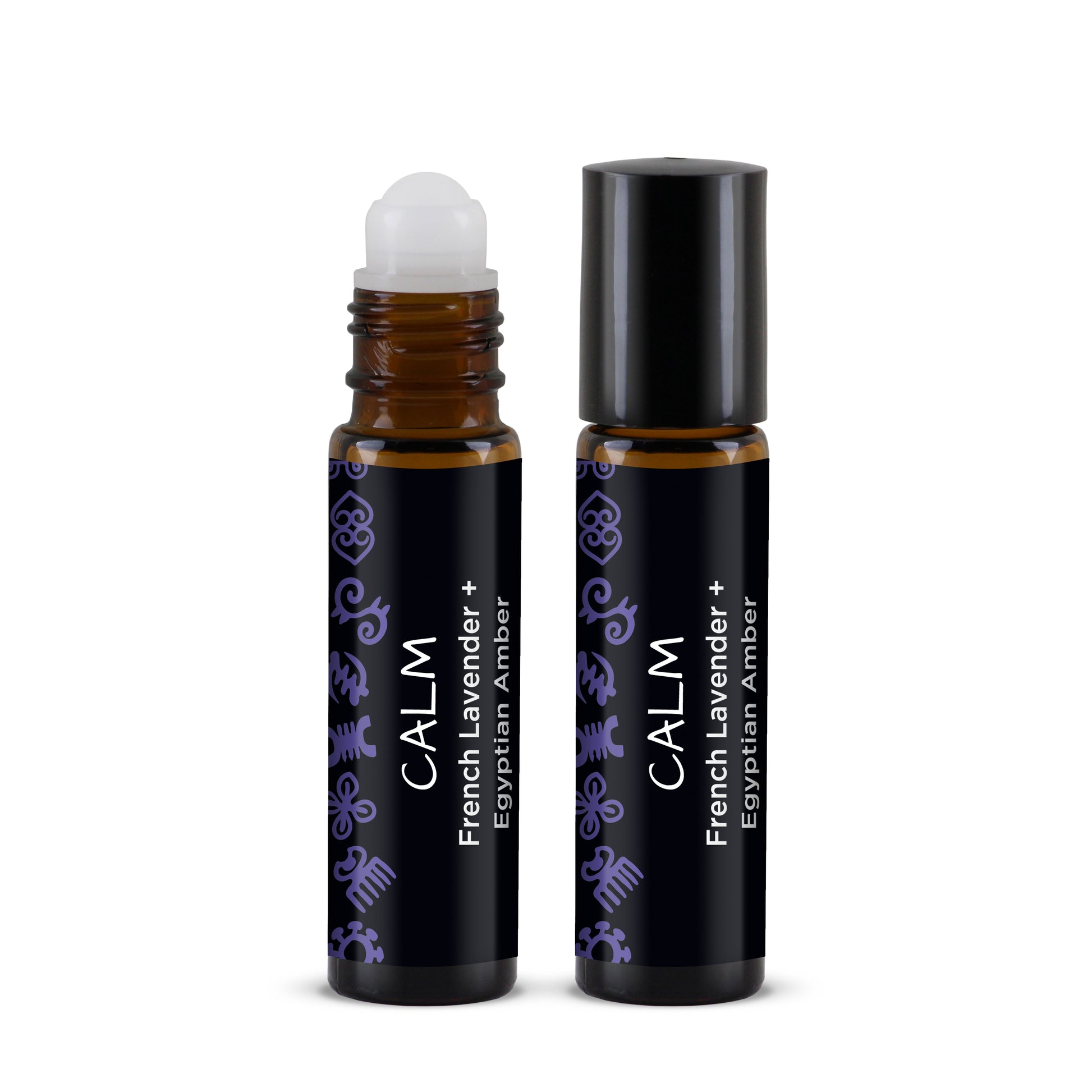Two roller bottles labeled 'CALM French Lavender + Egyptian Amber' on a white background