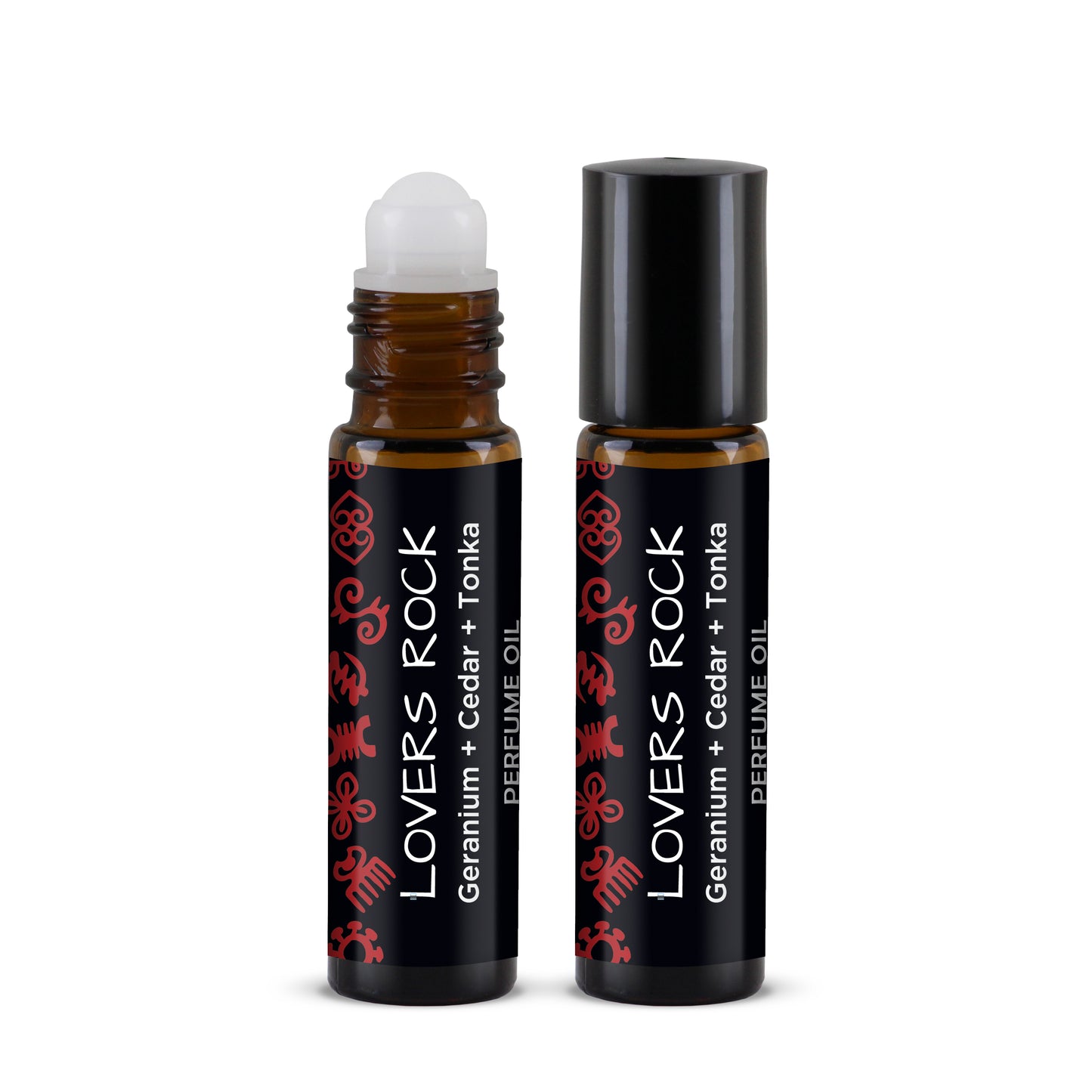 Two roller bottles of 'Lovers Rock' perfume oil on a white background