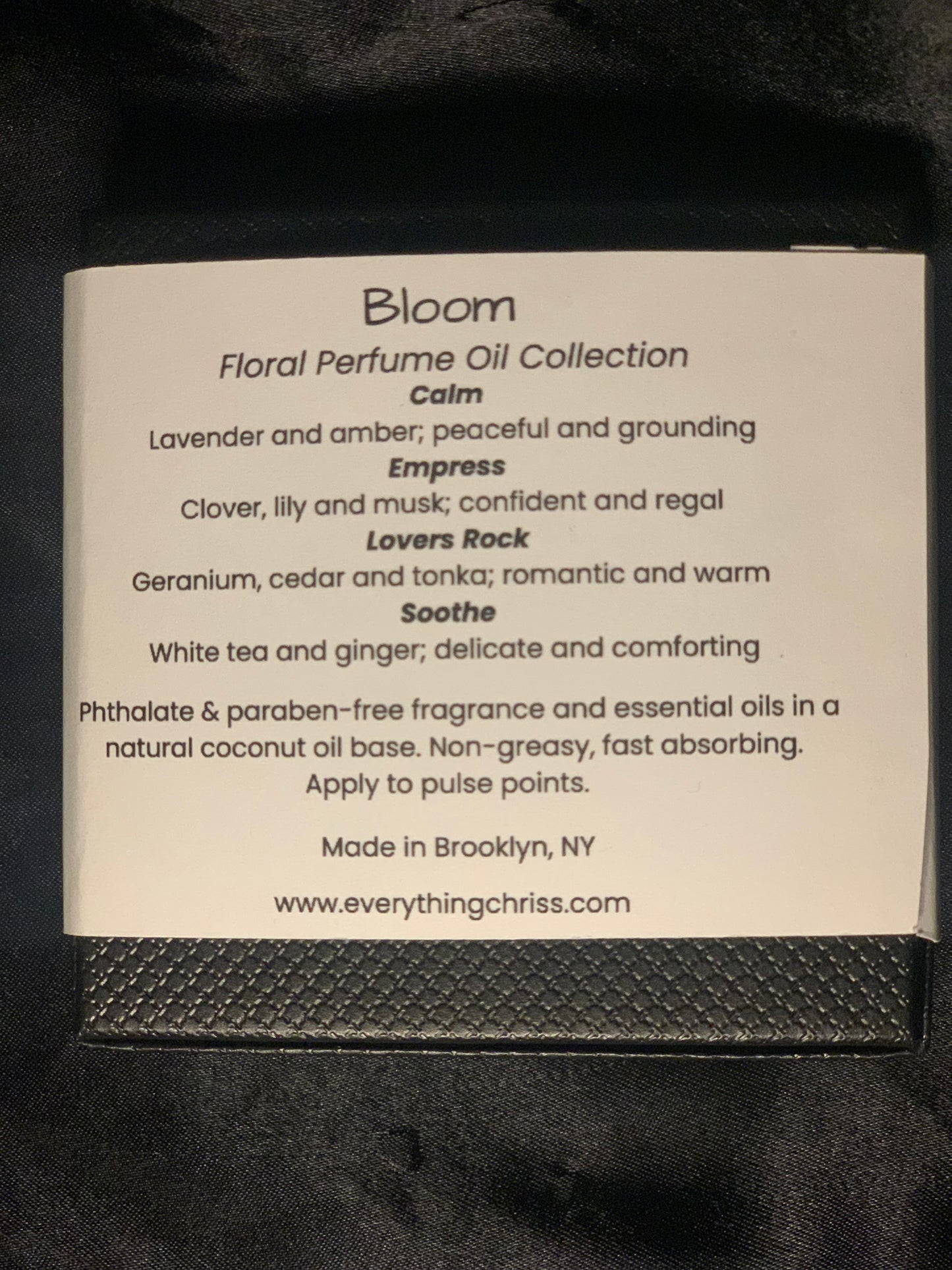 Floral Perfume Oil Collection label with product descriptions on a black background