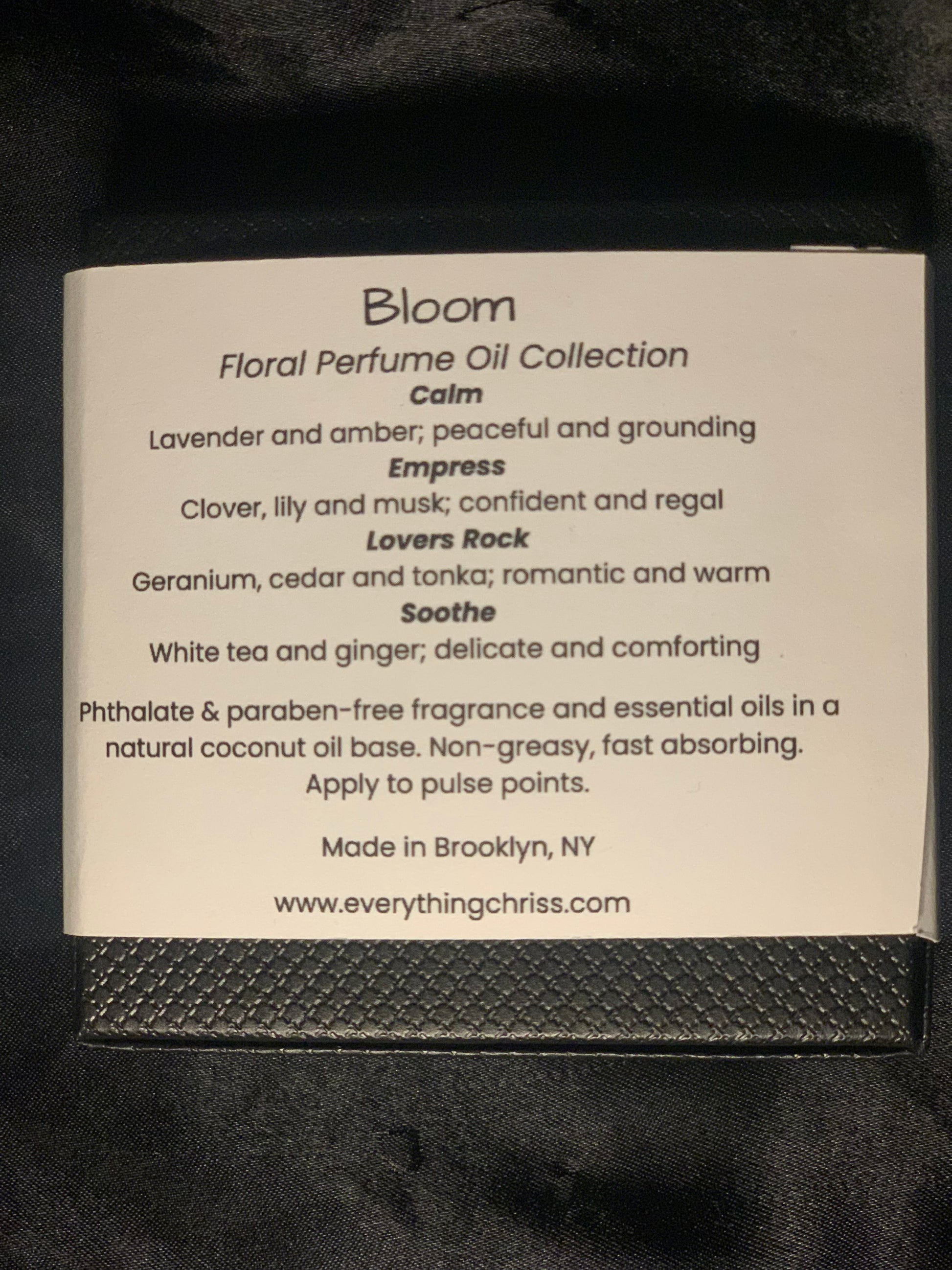 Floral Perfume Oil Collection label with product descriptions on a black background