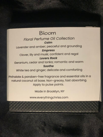 Floral Perfume Oil Collection label with product descriptions on a black background