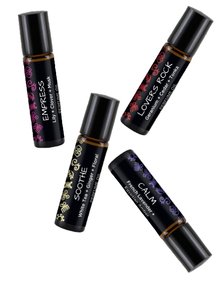 Four black rollerball bottles with labels on a white background